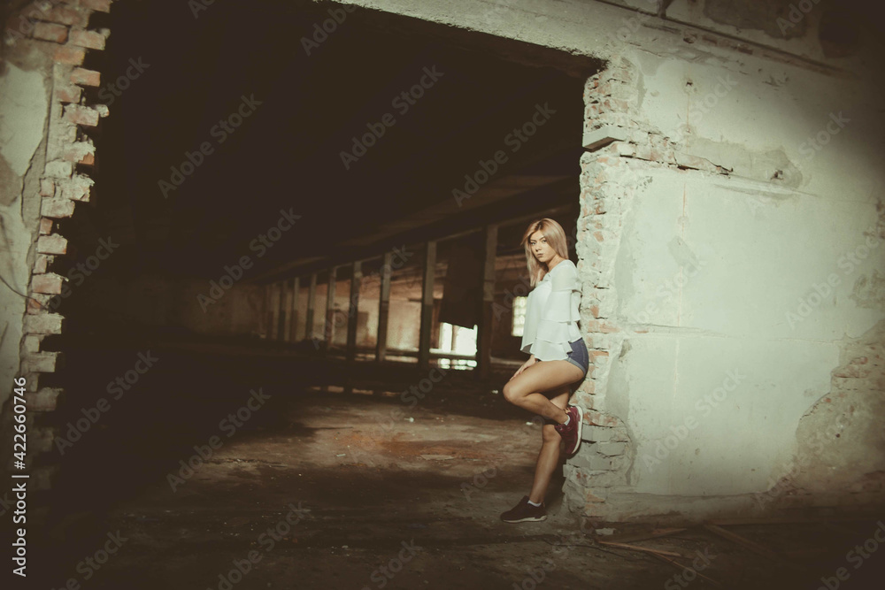 Poster attractive bosnian caucasian woman leaning on a brick wall surface