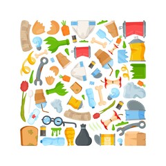 Waste and garbage pattern. Vector illustration of wallpaper made of broken glasses, battered bottles, cans and scraps. Seamless drawing of garbage disposal to landfill. Suitable for any background.
