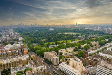 Beautiful aerial London view from above with the Hyde park 