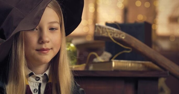 Portrait of a student of magic school taking off the wizard hat, fantasy, 4k