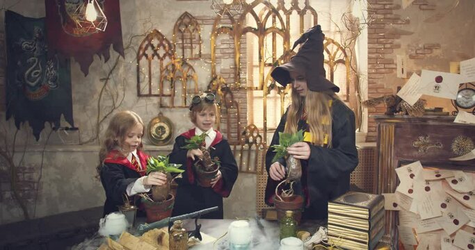 Kids at the wizard school are holding mandragora roots, botany class, 4k