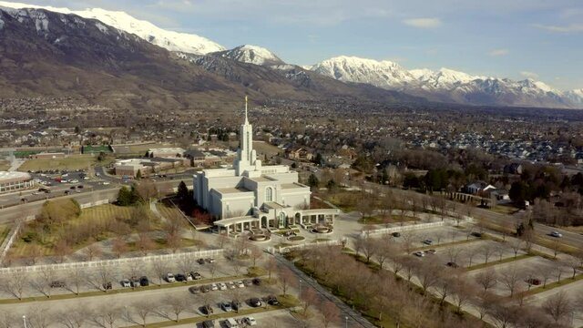 Drone Aerial Flying Around Front of LDS Mount Timpanogos Temple