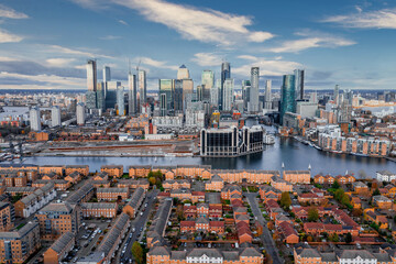 London, England - Aerial Panoramic skyline view of Bank and Canary Wharf
