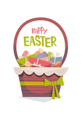 happy easter spring holiday celebration greeting card with decorated colorful eggs and gifts in basket