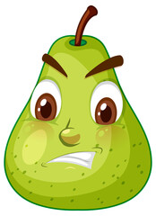 Green pear cartoon character with angry face expression on white background