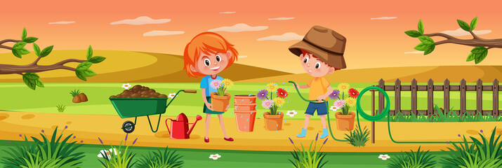 Fototapeta premium Kids gardening in nature scene