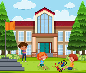 Two kids injured at cheek and arm from riding bycycle at the school scene