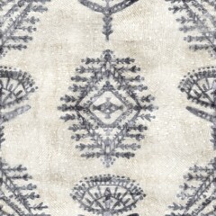 Seamless grungy tribal ethnic rug motif pattern. High quality illustration. Distressed old looking native style design in shades of gray and cream. Old artisan textile seamless pattern.