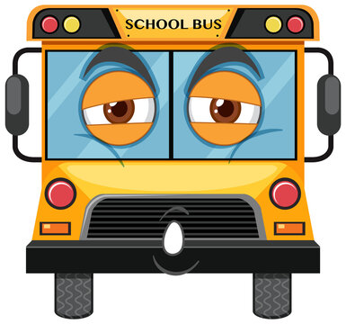 School bus cartoon character with face expression on white background
