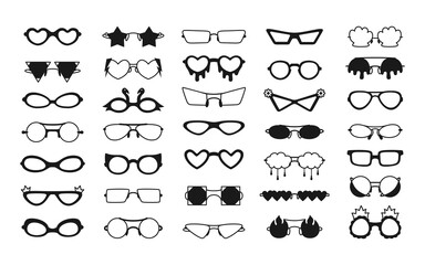 Glasses carnival party stylish black silhouette set. Masquerade costume glasses heart star cloud eye funny shaped. Fashion hawaiian woman beach sunglasses. Hand drawn Isolated vector illustration