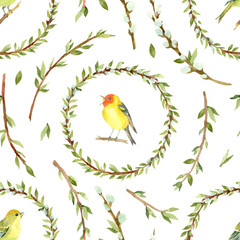 Seamless pattern with western tanager birds and spring green branches. American singer bird. Watercolor illustration on white background. Isolated