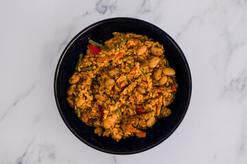 vegan sweet potato rice with autumn veggies and butter beans, healthy plant-based food