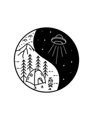 the camp attacked by UFO in yin yang concept , vector design, Tee design, T-Shirt Design