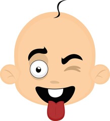 Vector emoticon illustration of a cartoon baby's head with a happy expression, tongue out and winking