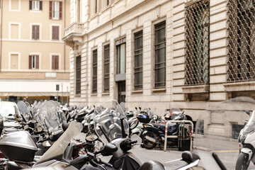 Rome. Italy. Spring 2020. Special parking for motorcycles and mopeds.