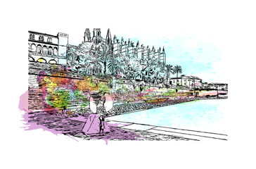 Building view with landmark of Palma is the  city in Spain. Watercolour splash with hand drawn sketch illustration in vector. © dhanu3182