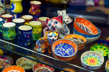 Fototapeta na wymiar Closeup of traditional Turkish ceramics for sale in souvenir shop in Grand Bazaar, Istanbul, Turkey