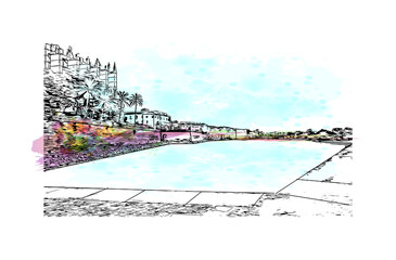 Building view with landmark of Palma is the  city in Spain. Watercolour splash with hand drawn sketch illustration in vector. © dhanu3182