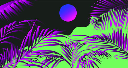 Fototapeta na wymiar Sunset above the ocean, landscape with coconut palm trees or ferns. Lounge atmosphere on vacations. Vaporwave and retrowave style illustration.
