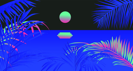 Fototapeta na wymiar Sunset above the ocean, landscape with coconut palm trees or ferns. Lounge atmosphere on vacations. Vaporwave and retrowave style illustration.