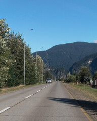 Coche en la carretera con gran vegetaci&oacute;n de fondo.