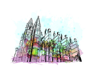 Building view with landmark of Palma is the  city in Spain. Watercolour splash with hand drawn sketch illustration in vector. © dhanu3182