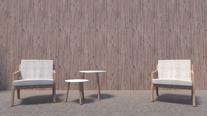 Fototapeta na wymiar 3d rendering of outdoor living space with two armchairs and coffee table.