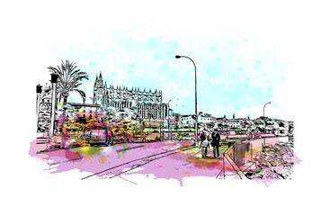 Building view with landmark of Palma is the  city in Spain. Watercolour splash with hand drawn sketch illustration in vector. © dhanu3182