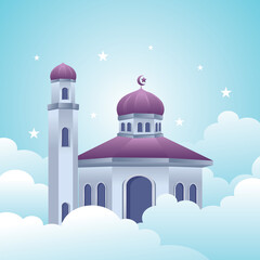 Obraz premium Mosque building in the cloud flat design illustration, Ramadan Mubarak background