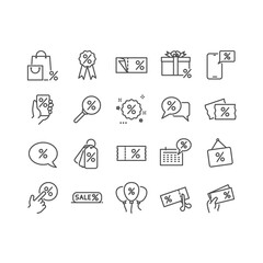 Simple Set of Discount Related Vector Line Icons. Contains such Icons as Coupon, Ribbon with Percent Sign, Discount online  Discount date and more. Editable Stroke