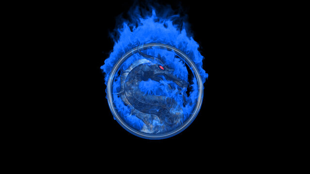 Moscow, Russia - March 20 2021: Mortal Kombat. Dragon logo made of old metal, red glowing eye in round ring in blazing blue fire on a black background. Movie Premiere - "Mortal Kombat". Film and game