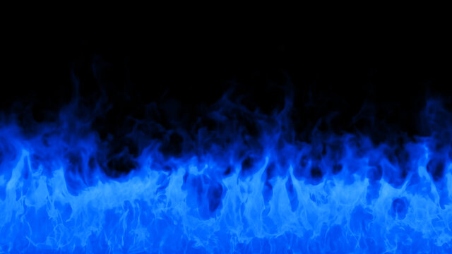 Fire flames on black background. Burning fire flame. Beautiful abstract background on the theme fire, light and life. Fiery blue glowing. Strong fire. Big burning bonfire. Burning fields