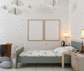 modern and simple kids bedroom with mockup poster