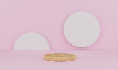 3d rendering. Abstract minimal scene with geometric. wood podium on pink background. Pedestal or platform for display, product presentation, mock up, show cosmetic product