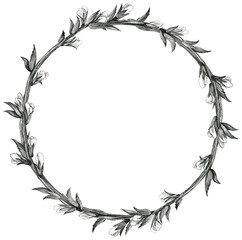 Wreath, frame with .branch with flowers. Pencil drawing illustration. The print is used for Wallpaper design, fabric, textile, packaging.