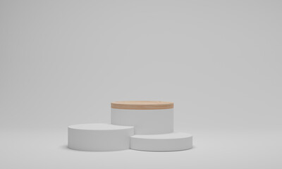Abstract minimal scene platform. Geometric shape wood podium on white background. 3d rendering