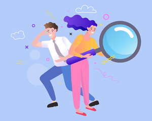 Business search topic web template with header. Young man looking forward and a woman with magnifying glass. Flat style modern outlined vector concept illustration.