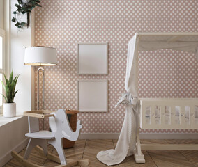 3d rendering of  nursery room with poster mockup 