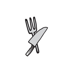 knife and fork icon. dishware on white background. black outline. silverware tool. hand drawn vector. dining concept. doodle art for logo, label, advertising, clipart, sticker, cover, poster, banner. 