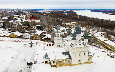 Fototapeta premium Winter aerial view of Orthodox Resurrection convent in snow covered Murom city in Vladimir Region, Russia.