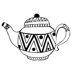 Teapot vector icon. Teapot with pattern, isolated illustration on white background. Hand drawn doodle, black outline of the teapot.