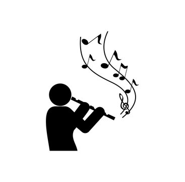 musician icon, image of a musician blowing the flute, raised out a musical note symbol