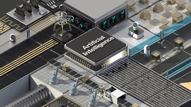 Smart factory controlled by Robotic process automation(RPA). 'Artificial Intelligence' with an AI cpu chip in the center. 4k animation.