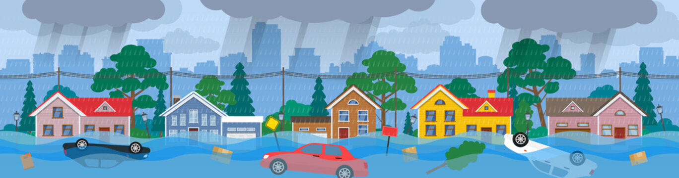 flood city panorama street covered with water floating houses cars rainy weather vector illustration
