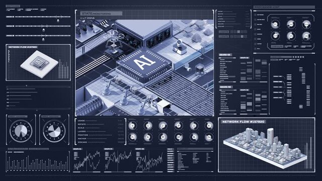 Smart factory  controlled by Robotic process automation(RPA) in user interface monitor. Smart factory concept with an Artificial Intelligence cpu chip in the center. 4k animation.