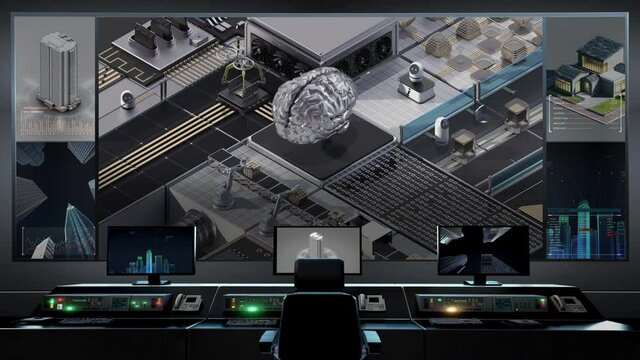 Smart factory controlled by Robotic process automation(RPA) in main control center. Smart factory concept with an Artificial Intelligence digital brain in the center. 4k animation.