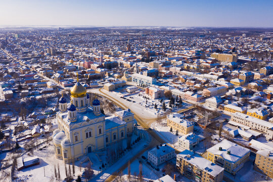 Scenic aerial view of main Orthodox church in Russian city of Yelets, five domed Ascension Cathedral on sunny winter day