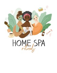 Girls of different nationalities in gowns on a floral background. Young women at pajama beauty party. Home spa. Concept for a day of beauty and relaxation at a bachelorette party. Vector illustration