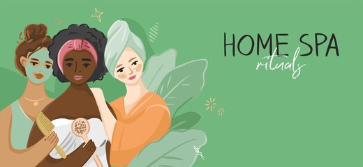 Girls of different nationalities in gowns on a floral background. Young women at pajama beauty party. Home spa. Concept for a day of beauty and relaxation at a bachelorette party. Vector illustration