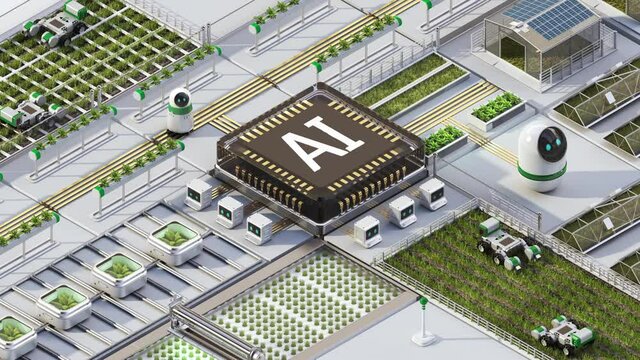 Smart Agriculture controlled by Robotic process automation(RPA). Smart Farm concept with an AI cpu chip in the center. 4k animation.